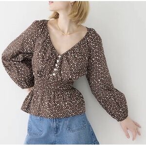 J. Crew Brown Printed Smocked Peplum Blouse